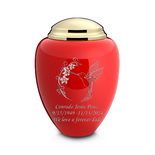 Adult Tribute Red & Shiny Brass Hummingbird Cremation Urn