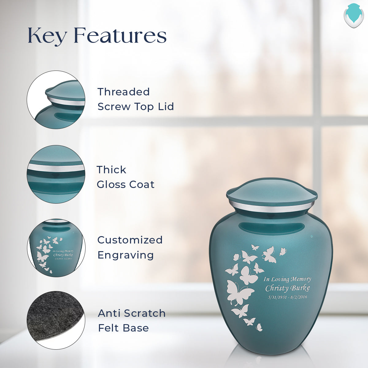 Medium Embrace Teal Butterfly Cremation Urn