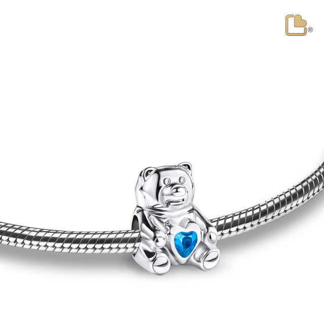 Teddy Bear with Blue Crystal Sterling Silver Cremation Bracelet Bead