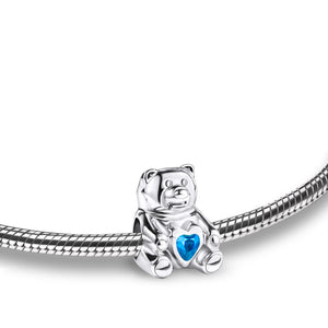 Teddy Bear with Blue Crystal Sterling Silver Cremation Bracelet Bead