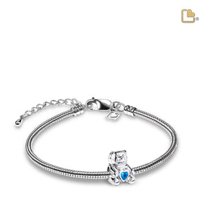 Teddy Bear with Blue Crystal Sterling Silver Cremation Bracelet Bead