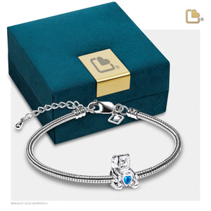 Teddy Bear with Blue Crystal Sterling Silver Cremation Bracelet Bead