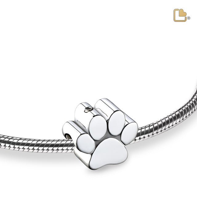 Paw Rhodium Plated Sterling Silver Cremation Bracelet Bead