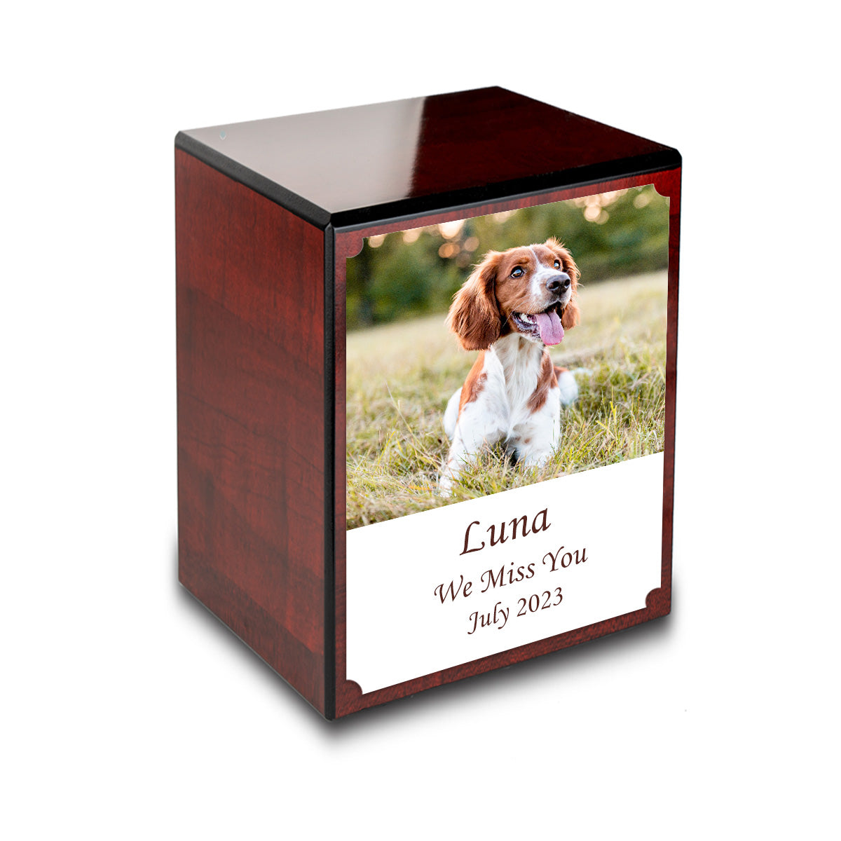 Custom Printed Portrait Small Heritage Cherry Photo Wood Box Pet Cremation Urn for Ashes