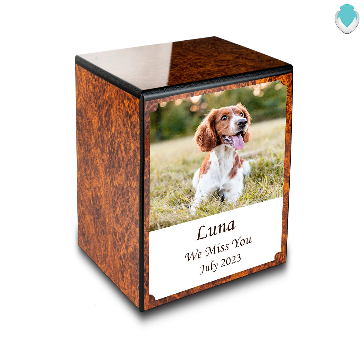 Custom Printed Portrait Small Heritage Burl Photo Wood Box Pet Cremation Urn for Ashes