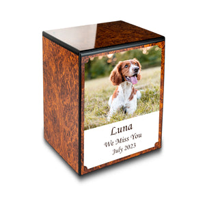 Custom Printed Portrait Small Heritage Burl Photo Wood Box Pet Cremation Urn for Ashes