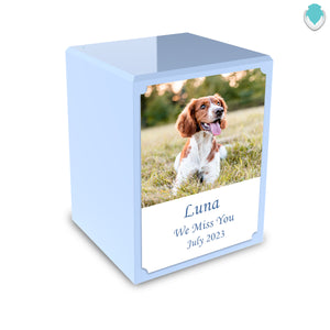 Custom Printed Portrait Small Heritage Light Blue Photo Wood Box Pet Cremation Urn for Ashes