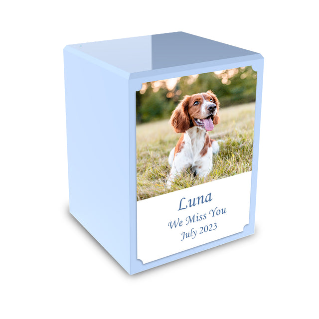 Custom Printed Portrait Small Heritage Light Blue Photo Wood Box Pet Cremation Urn for Ashes