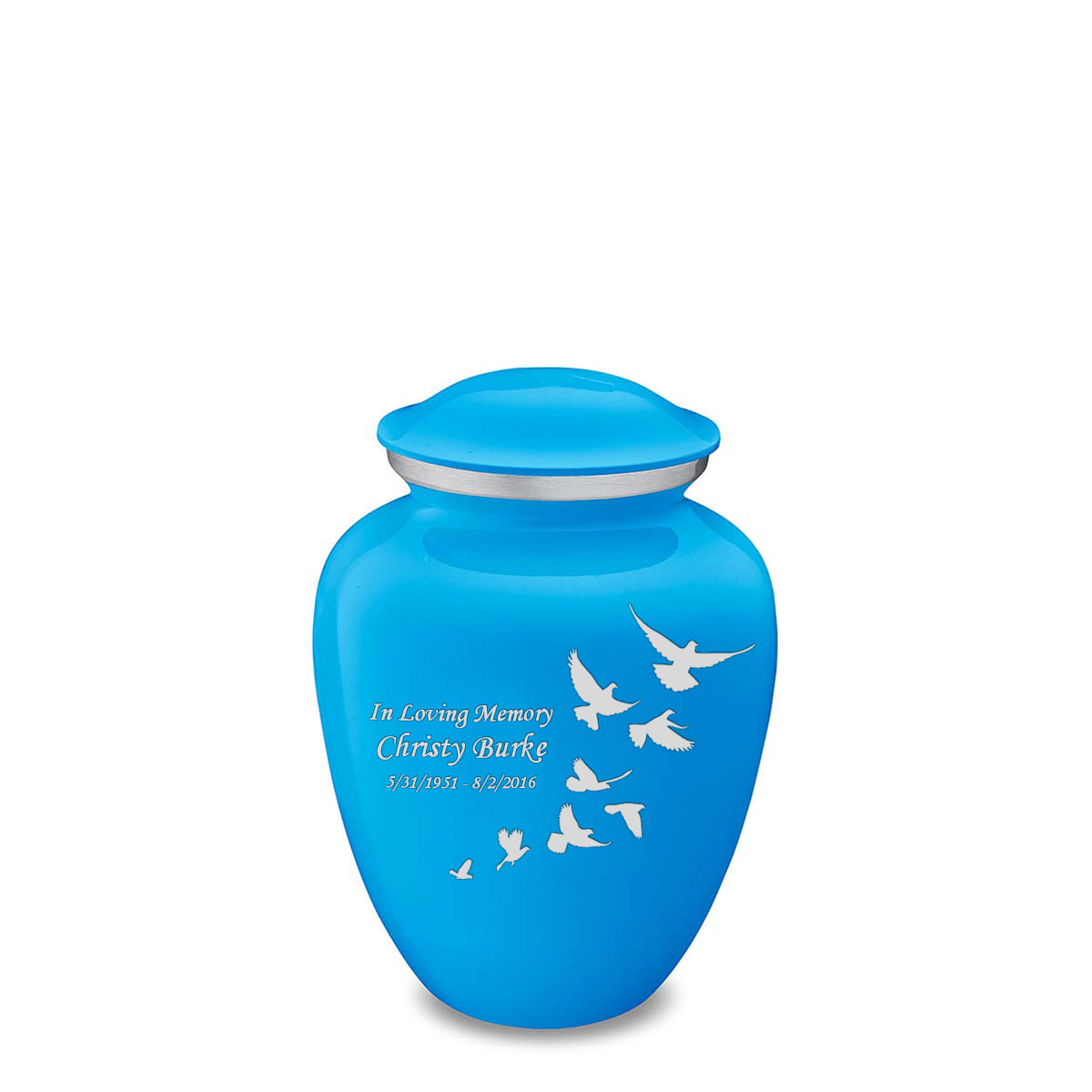 Medium Embrace Racing Blue Doves Cremation Urn