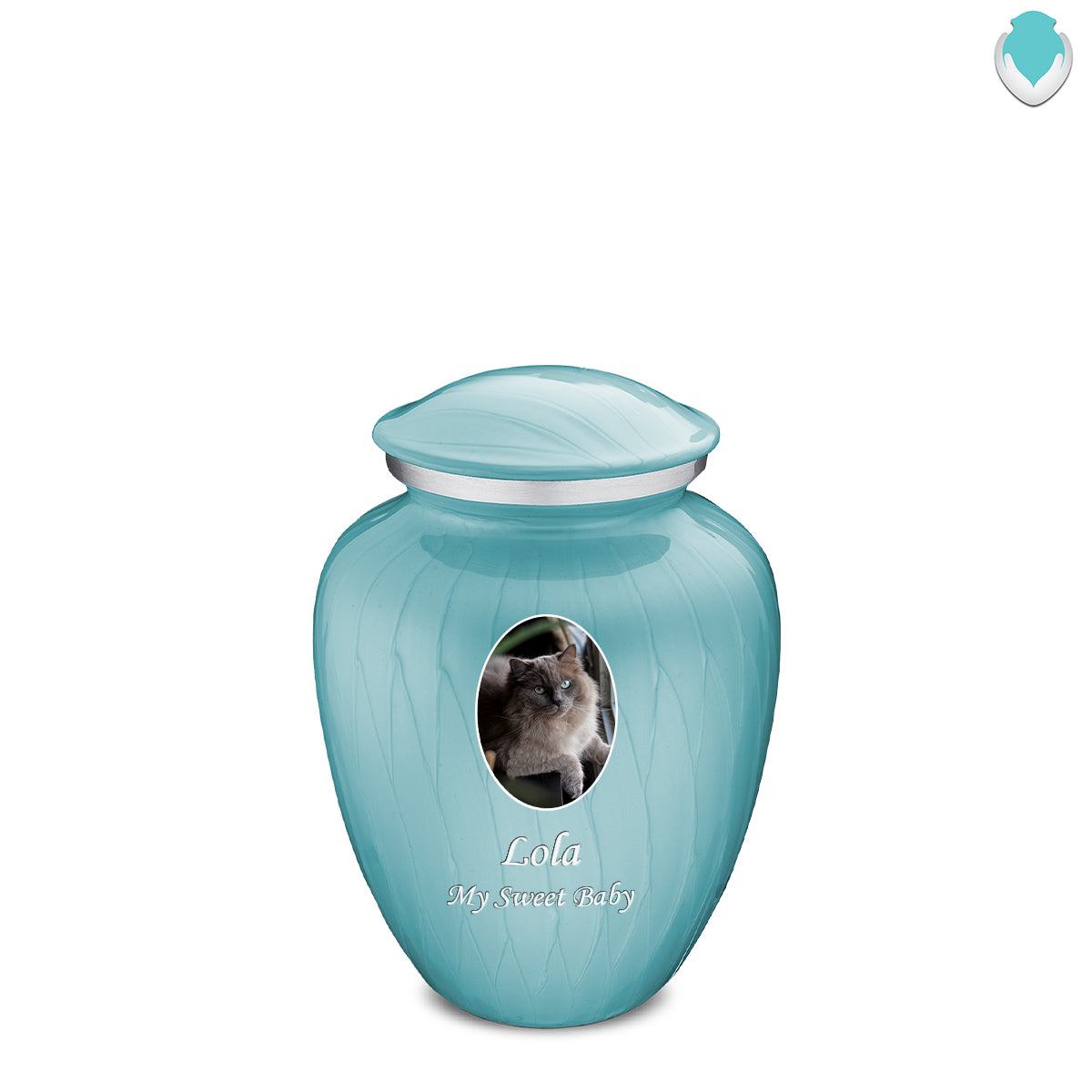 Medium Pet Embrace Pearl Light Blue Portrait Cremation Urn