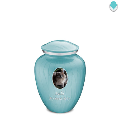 Medium Pet Embrace Pearl Light Blue Portrait Cremation Urn