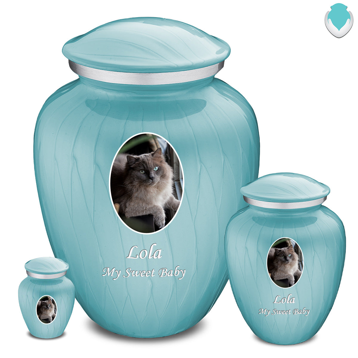 Medium Pet Embrace Pearl Light Blue Portrait Cremation Urn