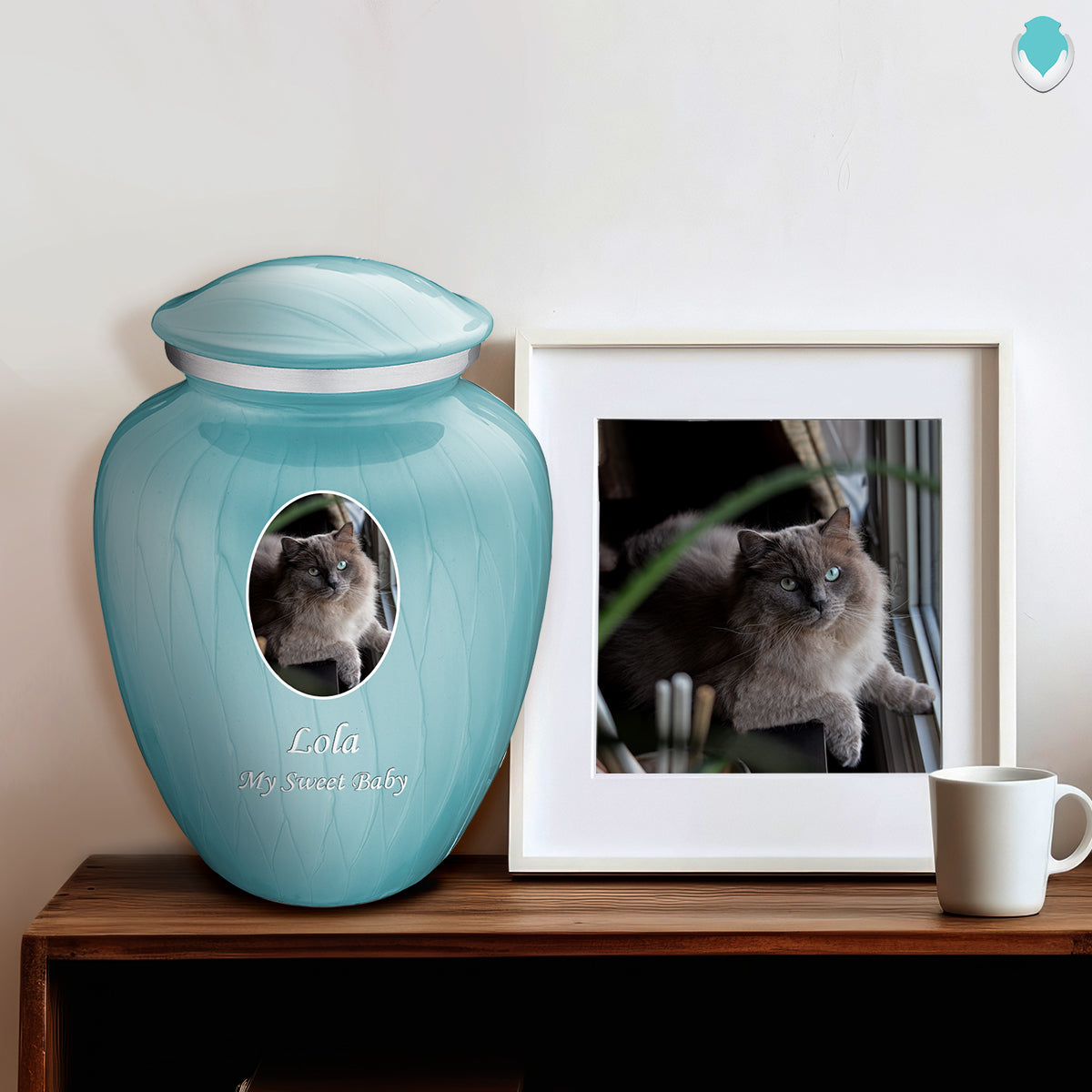 Adult Pet Embrace Pearl Light Blue Portrait Cremation Urn