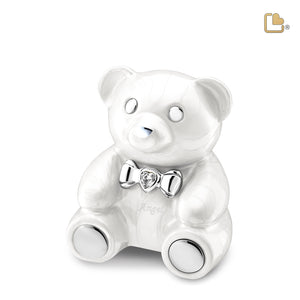 CuddleBear™ Child Urn Pearl White & Polished Silver With Crystal