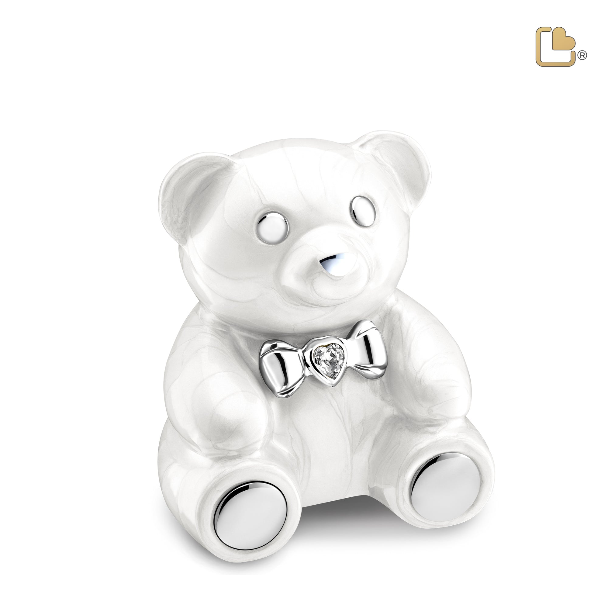 CuddleBear™ Child Urn Pearl White & Polished Silver With Crystal