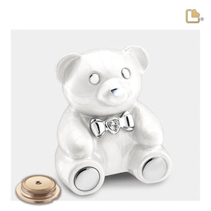 CuddleBear™ Child Urn Pearl White & Polished Silver With Crystal