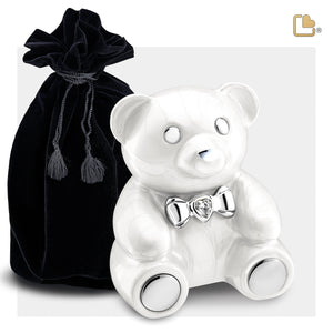 CuddleBear™ Child Urn Pearl White & Polished Silver With Crystal