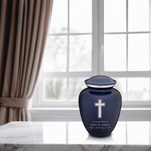 Medium Embrace Cobalt Blue Simple Cross Cremation Urn