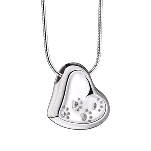 Leaning Heartª with Paw Prints Two Tone Rhodium Plated Sterling Silver Cremation Pendant