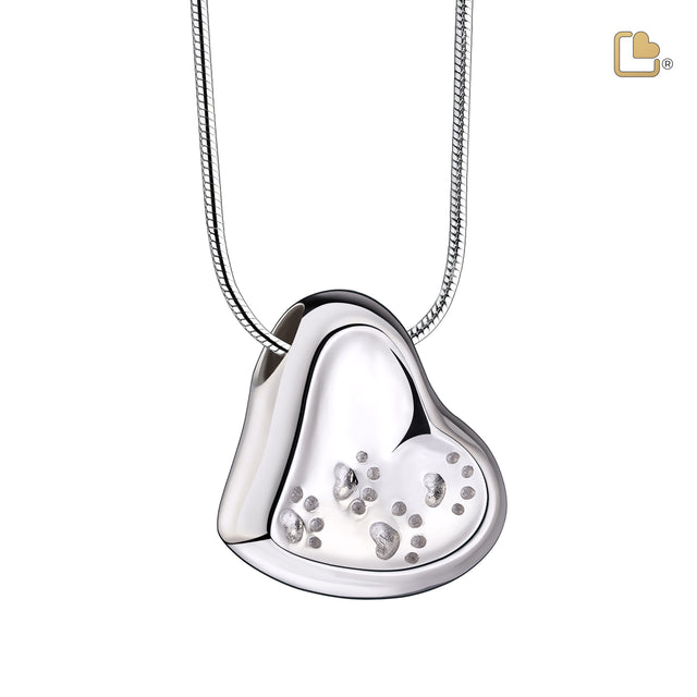 Leaning Heartª with Paw Prints Two Tone Rhodium Plated Sterling Silver Cremation Pendant