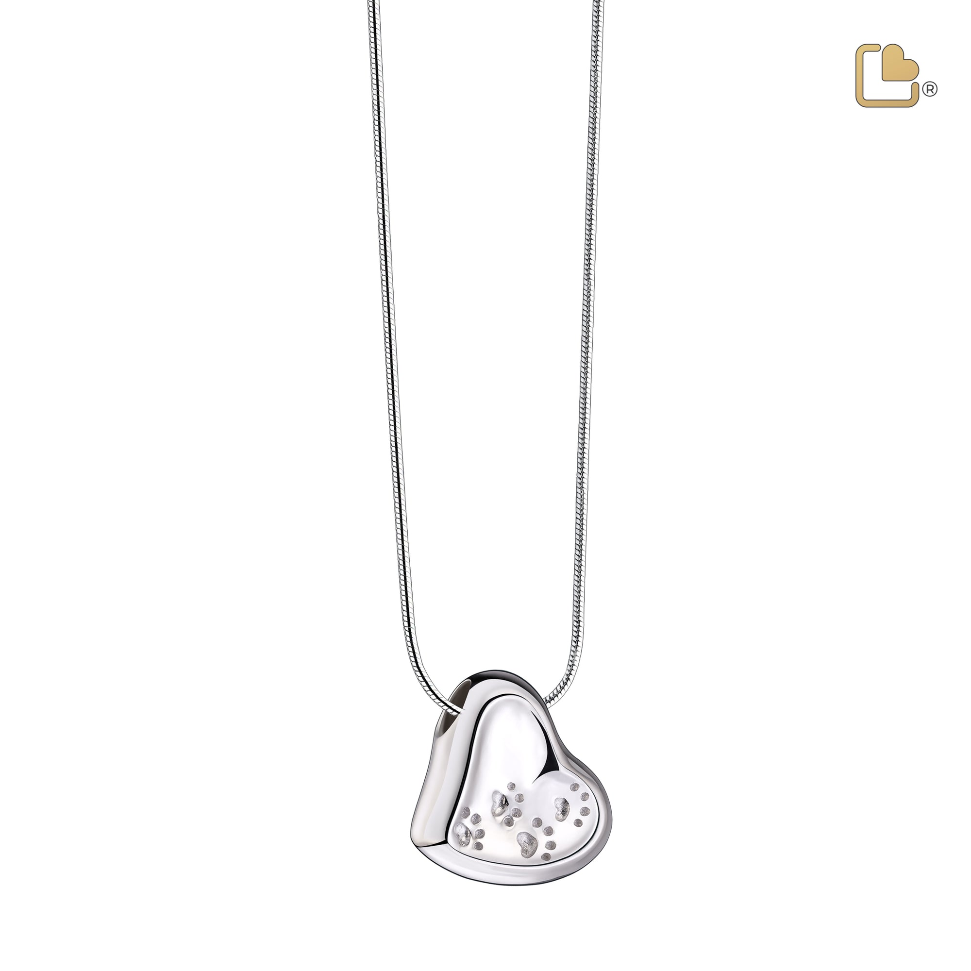 Leaning Heartª with Paw Prints Two Tone Rhodium Plated Sterling Silver Cremation Pendant