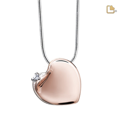 Leaning Heartª with Crystal Rose Gold Sterling Silver Cremation Pendant