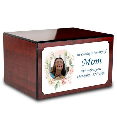 Custom Printed Heritage Cherry Photo Frame Wood Box Cremation Urn