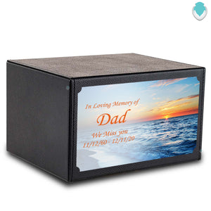 Custom Printed Heritage Leather Ocean Sunset Wood Box Cremation Urn